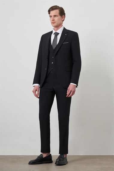 Morven Erkek Siyah Poliviskon Basic Yelekli Slim Fit Mono Yaka Takım Elbise - صورة 4