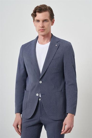 Morven Erkek Lacivert Poliviskon Trend Çizgili Slim Fit Mono Yaka Takım Elbise - photo 1