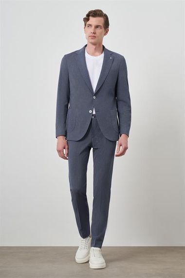 Morven Erkek Lacivert Poliviskon Trend Çizgili Slim Fit Mono Yaka Takım Elbise - photo 2