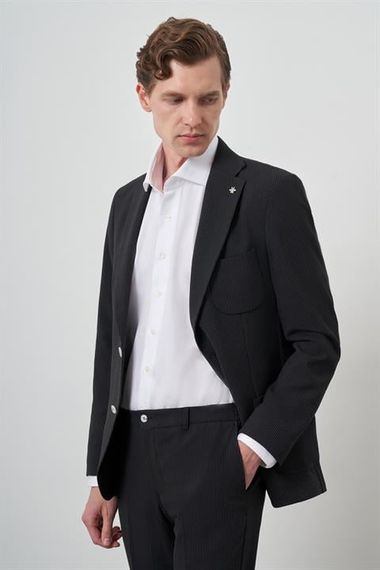 Morven Erkek Siyah Trend Çizgili Slim Fit Mono Yaka Takım Elbise - صورة 1