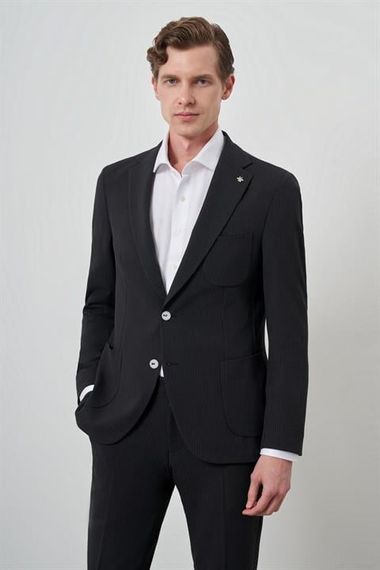 Morven Erkek Siyah Trend Çizgili Slim Fit Mono Yaka Takım Elbise - صورة 4