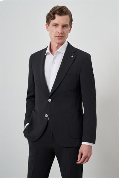 Morven Erkek Siyah Trend Çizgili Slim Fit Mono Yaka Takım Elbise - صورة 3