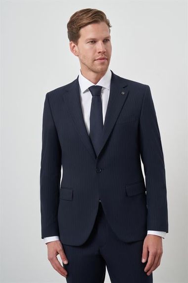 Morven Erkek Lacivert Poliviskon Çizgili Slim Fit Mono Yaka Takım Elbise - صورة 4