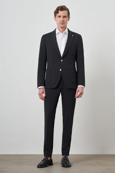 Morven Erkek Siyah Trend Çizgili Slim Fit Mono Yaka Takım Elbise - صورة 2