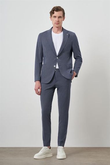 Morven Erkek Lacivert Poliviskon Trend Çizgili Slim Fit Mono Yaka Takım Elbise - photo 3