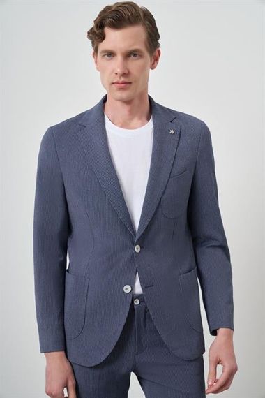 Morven Erkek Lacivert Poliviskon Trend Çizgili Slim Fit Mono Yaka Takım Elbise - photo 5