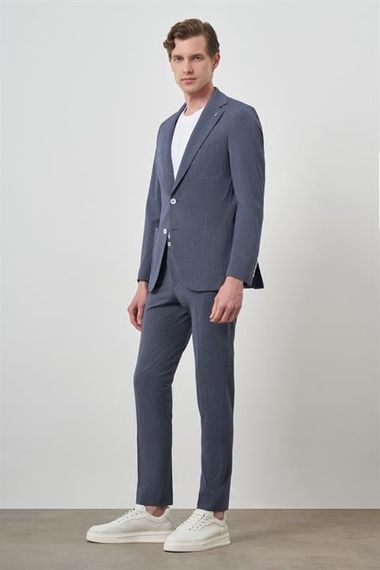 Morven Erkek Lacivert Poliviskon Trend Çizgili Slim Fit Mono Yaka Takım Elbise - photo 4