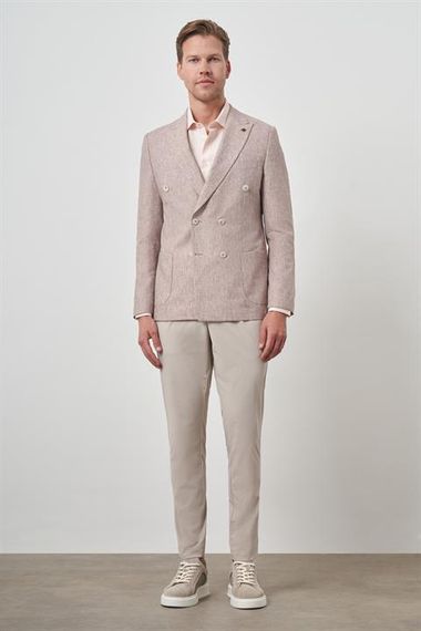 Morven Erkek Kiremit Keten Kruvaze Desenli Slim Fit Sivri Yaka Ceket - photo 2