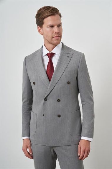 Morven Erkek Gri Poliviskon Trend Kruvaze Çizgili Desen Slim Fit Sivri Yaka Takım Elbise - fotoğraf 1