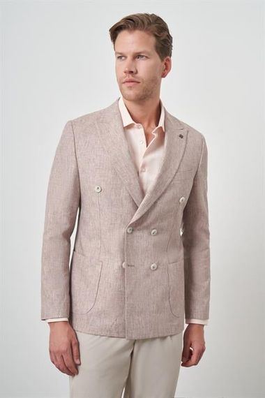 Morven Erkek Kiremit Keten Kruvaze Desenli Slim Fit Sivri Yaka Ceket - photo 1