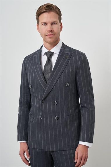 Morven Erkek Lacivert Tend Keten Kruvaze Slim  Fit Sivri Yaka Takım Elbise - фото 1