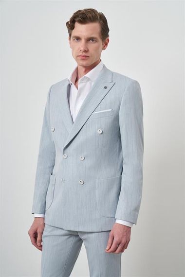 Morven Erkek A. MAVİ Çizgili Desen Kruvaze Slim Fit Sivri Yaka Takım Elbise - photo 4