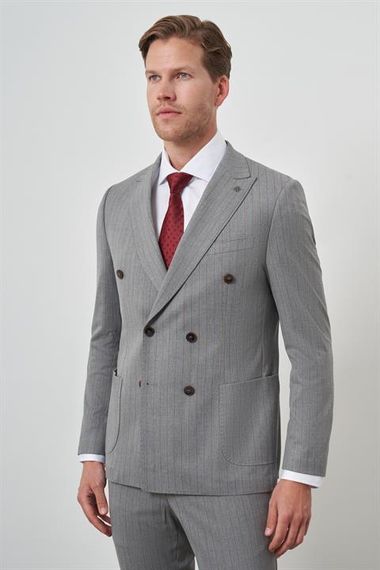 Morven Erkek Gri Poliviskon Trend Kruvaze Çizgili Desen Slim Fit Sivri Yaka Takım Elbise - fotoğraf 4