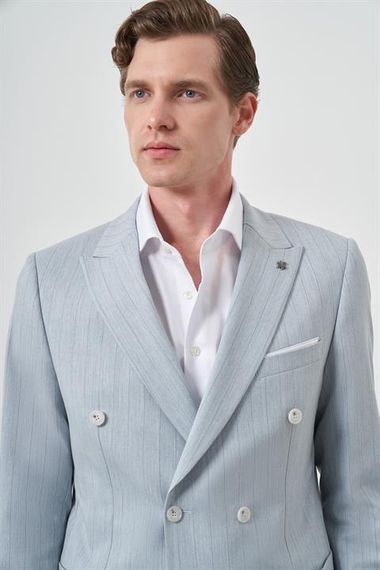 Morven Erkek A. MAVİ Çizgili Desen Kruvaze Slim Fit Sivri Yaka Takım Elbise - photo 3