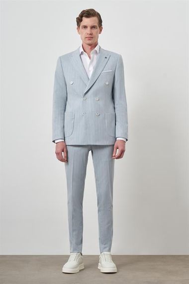 Morven Erkek A. MAVİ Çizgili Desen Kruvaze Slim Fit Sivri Yaka Takım Elbise - photo 2