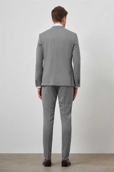 Morven Erkek Gri Poliviskon Trend Kruvaze Çizgili Desen Slim Fit Sivri Yaka Takım Elbise - fotoğraf 5