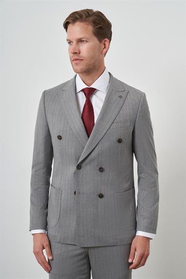 Morven Erkek Gri Poliviskon Trend Kruvaze Çizgili Desen Slim Fit Sivri Yaka Takım Elbise - fotoğraf 3