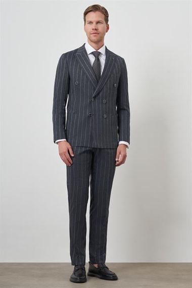 Morven Erkek Lacivert Tend Keten Kruvaze Slim  Fit Sivri Yaka Takım Elbise - фото 5