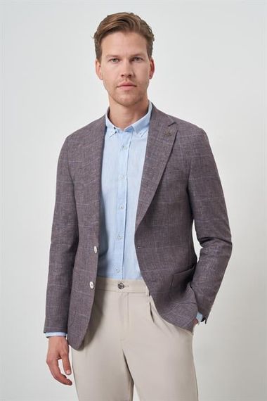 Morven Erkek KAHVE Keten Ekoseli Slim Fit Mono Yaka Ceket - صورة 1