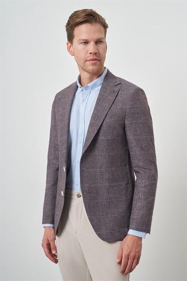 Morven Erkek KAHVE Keten Ekoseli Slim Fit Mono Yaka Ceket - صورة 2