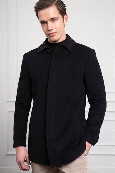 Morven Erkek Siyah Düğmeli Berberi Yaka Dynamic Fit Rahat Kesim Classic Kaşe Kaban - photo 4