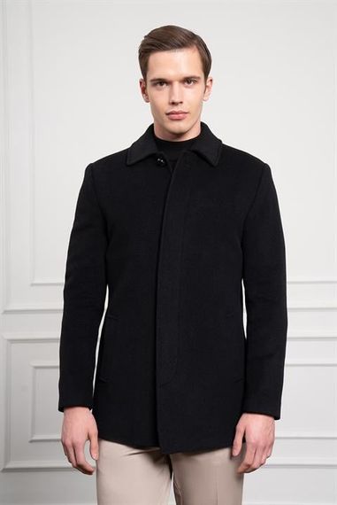 Morven Erkek Siyah Düğmeli Berberi Yaka Dynamic Fit Rahat Kesim Classic Kaşe Kaban - photo 1