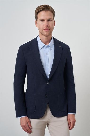 Morven Erkek Lacivert Dokuma Slim Fit Mono Yaka Ceket - фото 1