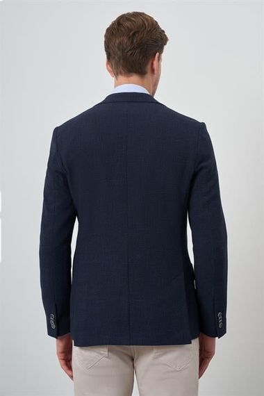 Morven Erkek Lacivert Dokuma Slim Fit Mono Yaka Ceket - фото 5