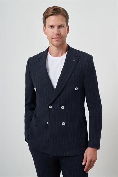 Morven Erkek Lacivert Trend Kruvaze Slim Fit Sivri Yaka Takım Elbise - фото 4