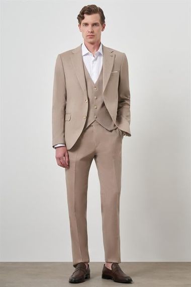 Morven Erkek Bej Yünlü Slim Fit Yelekli Mono Yaka Takım Elbise - صورة 3