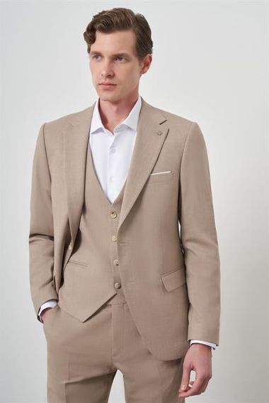 Morven Erkek Bej Yünlü Slim Fit Yelekli Mono Yaka Takım Elbise - صورة 4