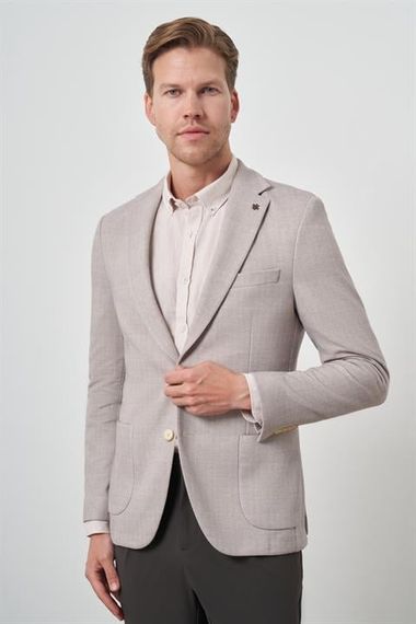 Morven Erkek Bej Örme Desenli Slim Fit Mono Yaka Ceket - صورة 1