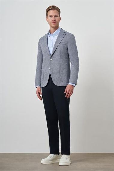 Morven Erkek Lacivert Keten Dokuma Slim Fit Mono Yaka Ceket - صورة 2