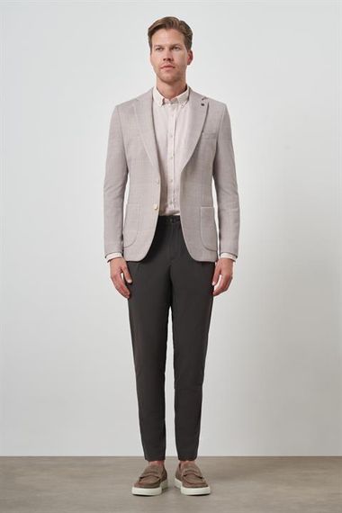 Morven Erkek Bej Örme Desenli Slim Fit Mono Yaka Ceket - صورة 3