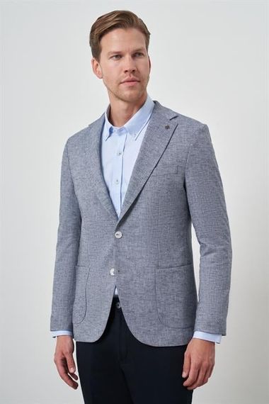 Morven Erkek Lacivert Keten Dokuma Slim Fit Mono Yaka Ceket - صورة 3