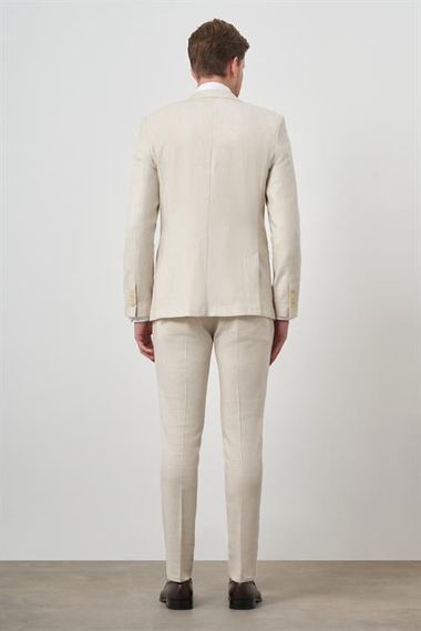 Morven Erkek Bej Keten Kruvaze Slim Fit Sivri Yaka Takım Elbise - фото 5