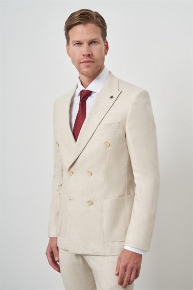 Morven Erkek Bej Keten Kruvaze Slim Fit Sivri Yaka Takım Elbise - фото 3