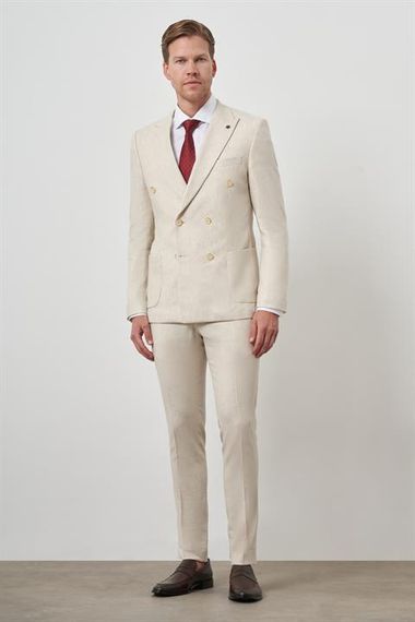 Morven Erkek Bej Keten Kruvaze Slim Fit Sivri Yaka Takım Elbise - фото 2