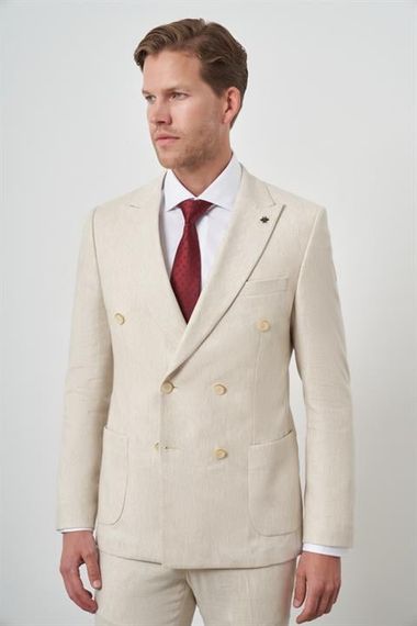 Morven Erkek Bej Keten Kruvaze Slim Fit Sivri Yaka Takım Elbise - фото 1