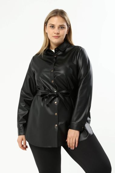 Faux Leather Belted Shirt Jacket - photo 2