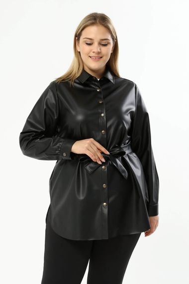 Faux Leather Belted Shirt Jacket - photo 3