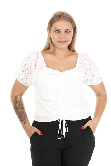 Square Neck Pleated Sleeve Scalloped Top - photo 1