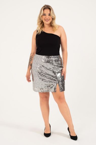 Sequined Elastic Waist Slit Mini Skirt - photo 1