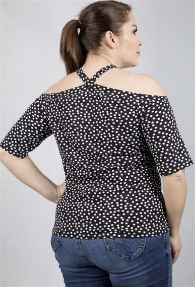 Тениска с узором горох, на шнуровке, большого размера, черная, стандартный крой, полудлинные рукава, из вискозы и эластана - фото 4