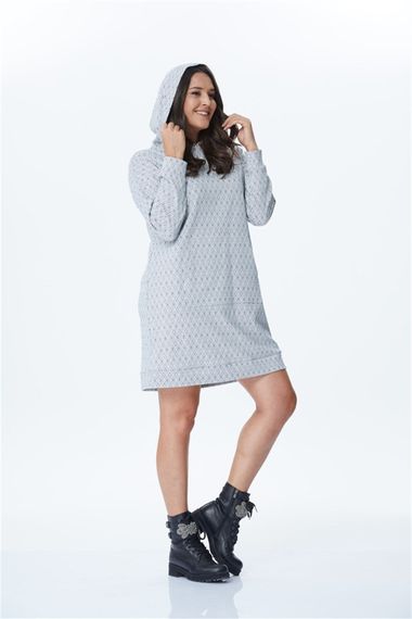 Длинное платье с капюшоном и длинным рукавом для больших размеров, геометрический рисунок, свободный крой, трикотаж, открытый синий цвет - фото 2