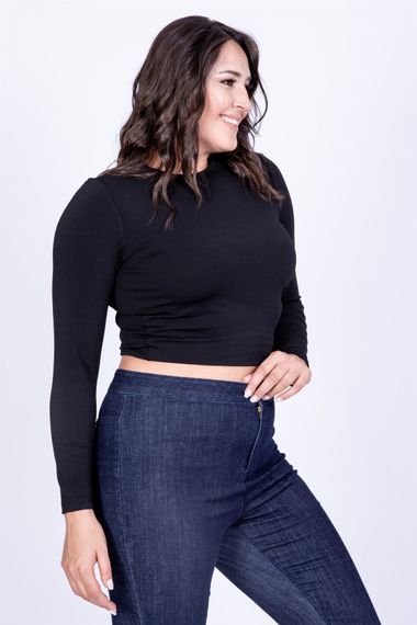 Кроп-топ великих розмірів, чорний, бавовна з еластаном, форм-fitting, довгий рукав, комфортний, стильний вибір для будь-якої нагоди - фото 2