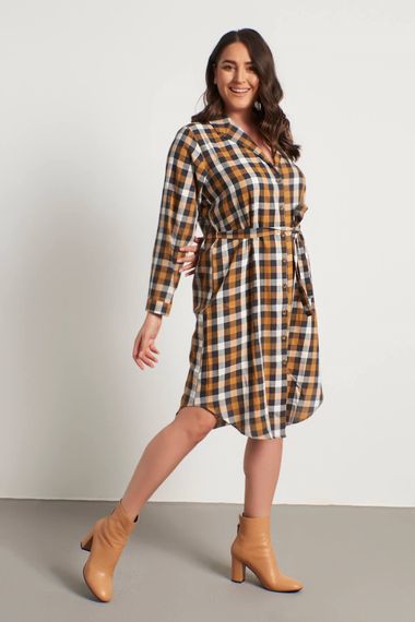Рубашечное платье с поясом, в клетку, длинным рукавом, удобный крой, 100% вискоза, подходит для больших размеров, доступно в многоцветной расцветке - фото 3
