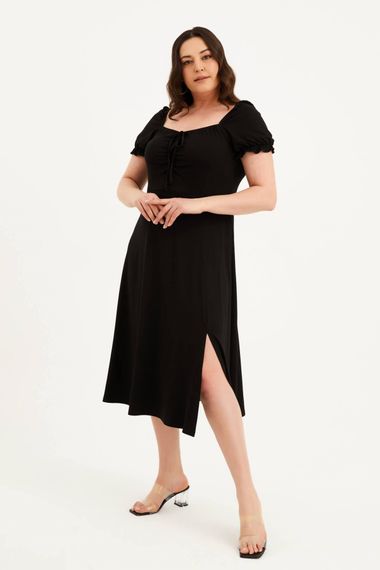 Сукня з квадратним вирізом і розрізами великих розмірів, з еластичної тканини, чорна, зручний крій, середня товщина - фото 3