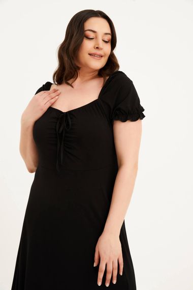 Сукня з квадратним вирізом і розрізами великих розмірів, з еластичної тканини, чорна, зручний крій, середня товщина - фото 5