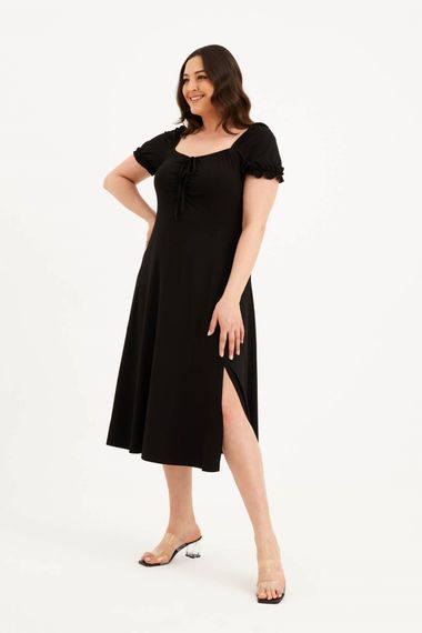 Сукня з квадратним вирізом і розрізами великих розмірів, з еластичної тканини, чорна, зручний крій, середня товщина - фото 1